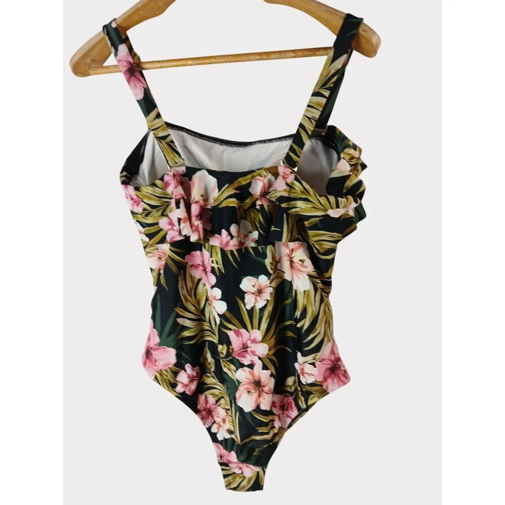 Kona Sol 16W Black Green Pink Floral Ruffle Front One Piece Swimsuit 16W Plus - Picture 3 of 13